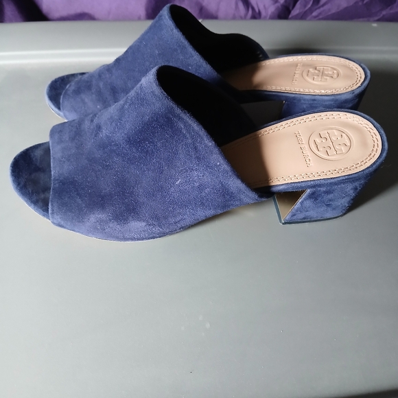 Tory Burch blue velvet block heel peep toe shoes size 7.5 - Picture 6 of 15